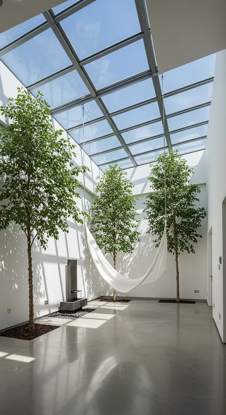 Witte hangmat onder groot glazen dak in minimalistische patio met drie bomen.