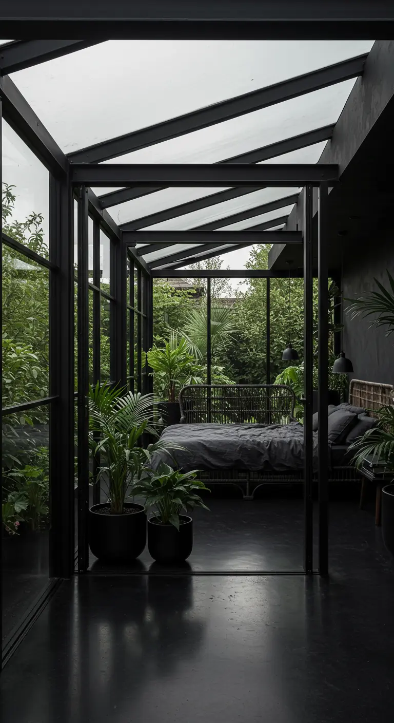 Zwarte serre slaapkamer omringd door weelderig groen, met glazen muren en planten.