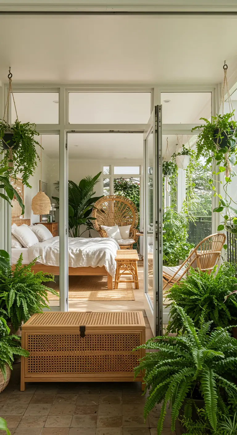 Serre slaapkamer met rotan meubels, veel groene planten en glazen deuren naar buiten.