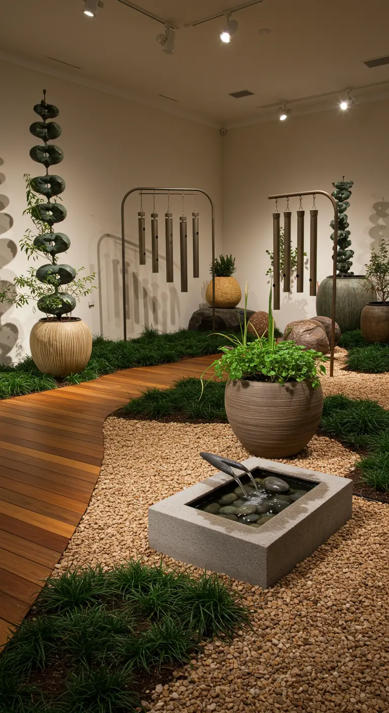 Binnen zen-tuin met houten pad, grind, potplanten en metalen windgong structuren.
