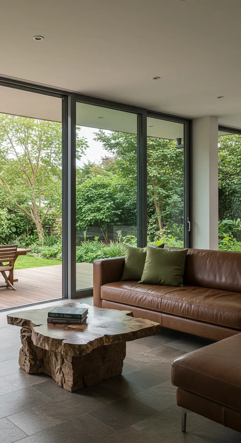 Moderne woonkamer met een boomstam-salontafel en grote glazen deuren naar de tuin.