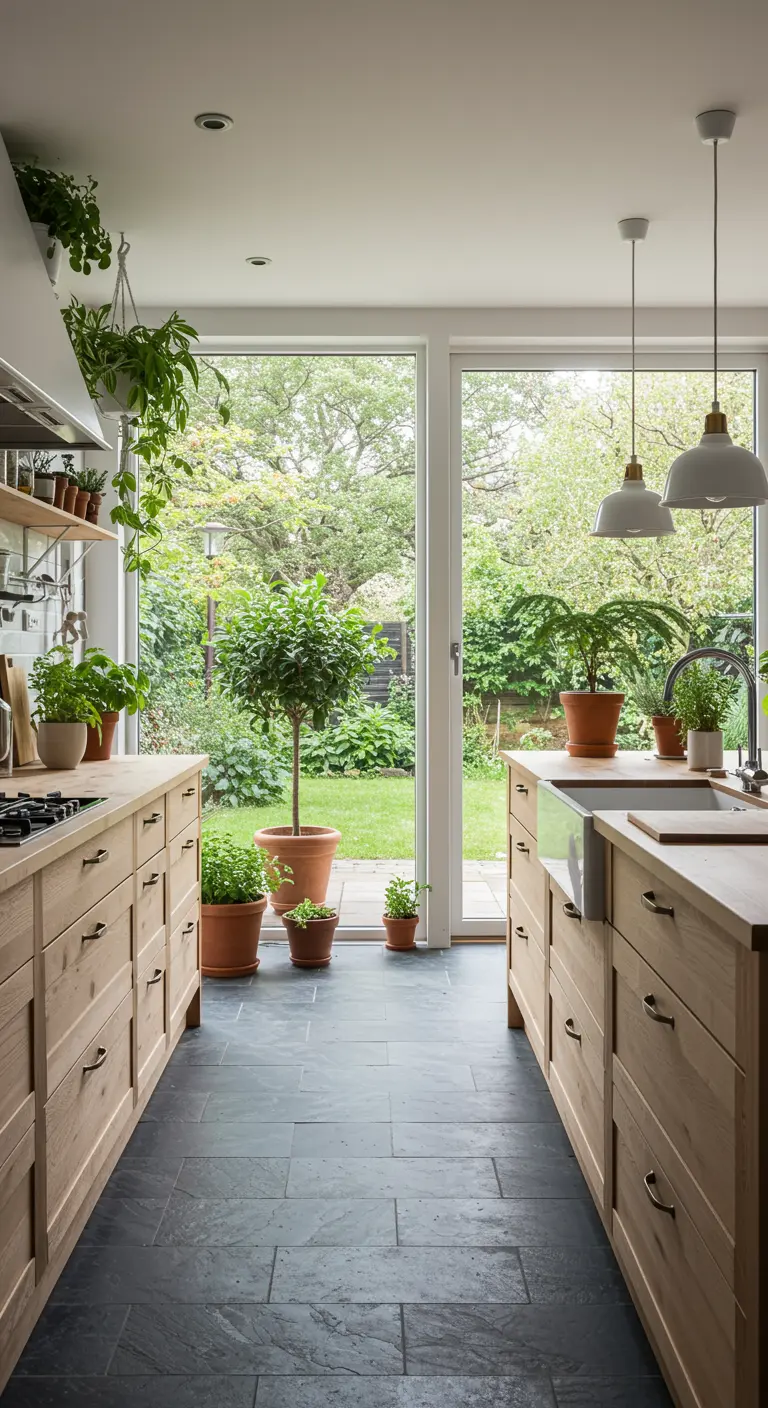 Scandinavische keuken met houten kasten, veel planten en uitzicht op tuin.