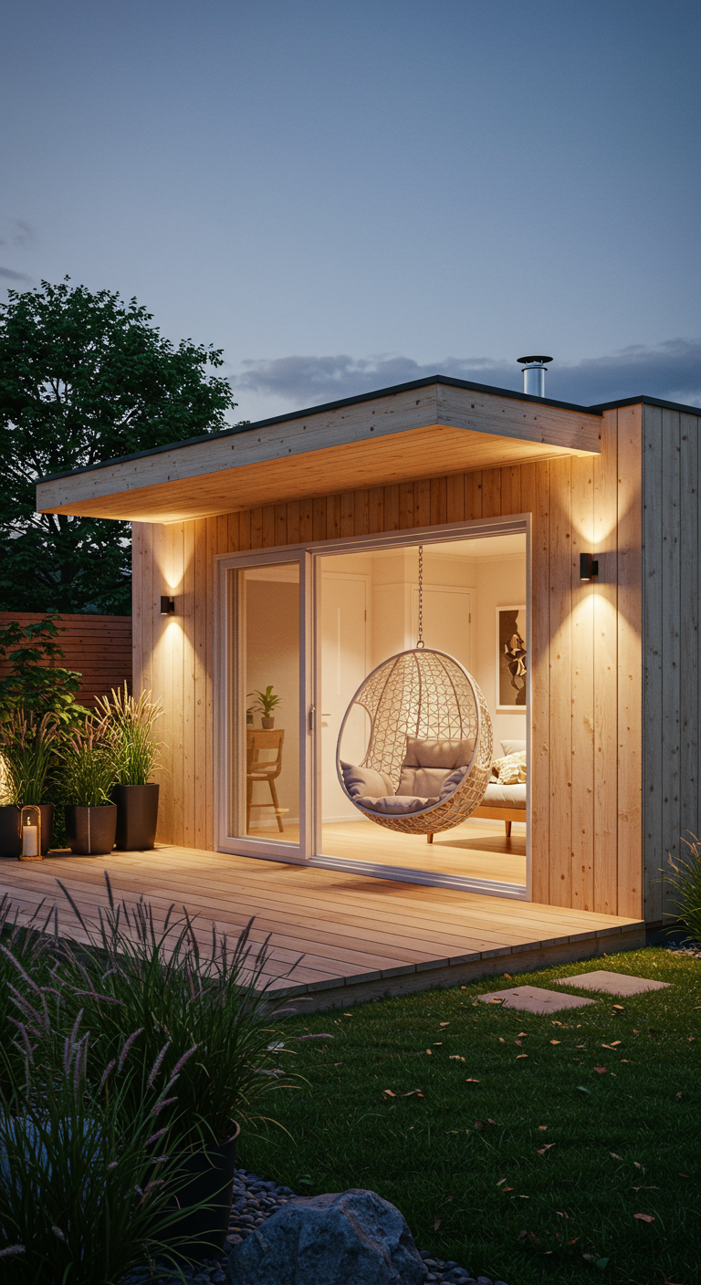 Modern tuinhuis met glazen pui en hangstoel binnen, zicht op terras.