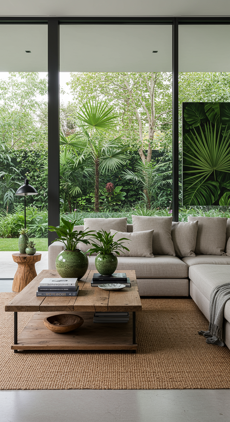 Woonkamer met uitzicht op tuin en een groot schilderij van een palmblad naast het raam.