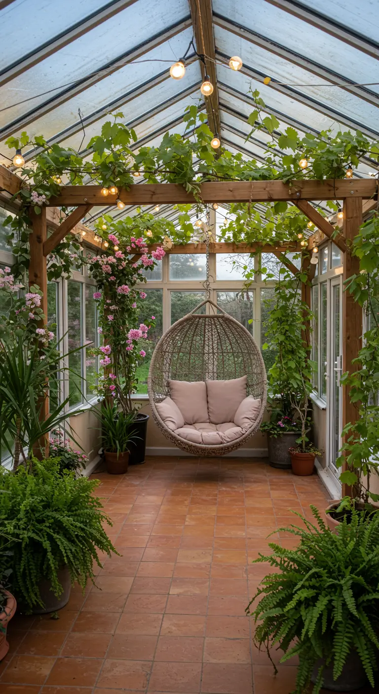 Serre met houten pergola, wijnranken, rotan hangstoel met roze kussens en veel groene planten.