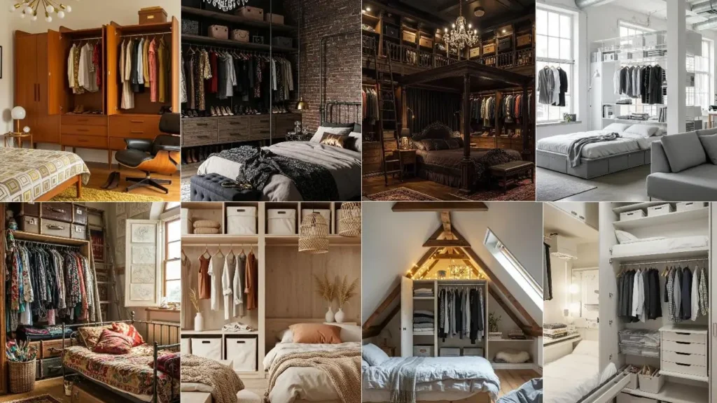 Collage van slaapkamers met open kasten als stijlvol interieur.