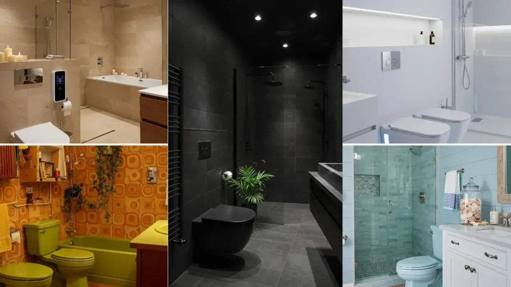 Collage van diverse badkamers met opvallende toiletten in verschillende stijlen.