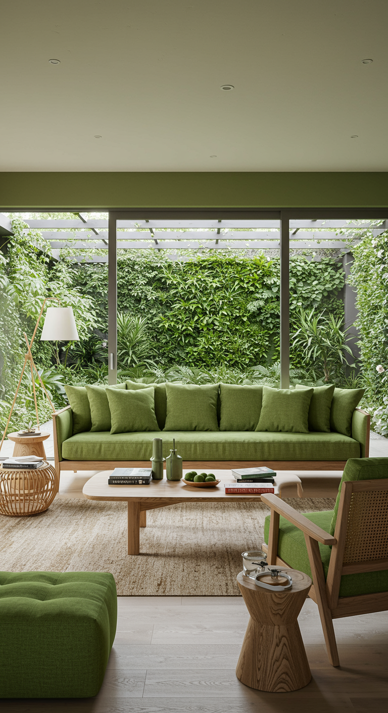 Moderne woonkamer met olijfgroene bank en uitzicht op een groene plantenwand.