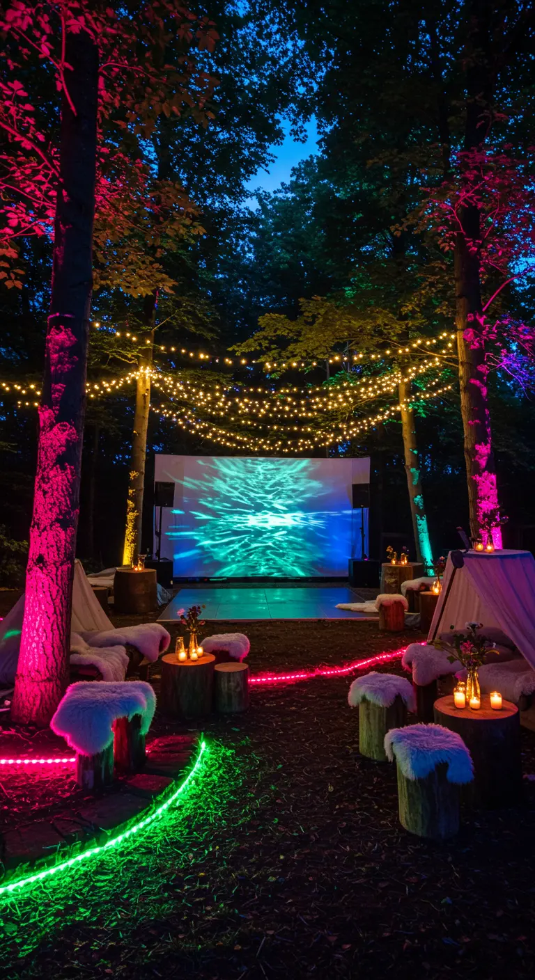 Buitenbioscoop in het bos met kleurrijke LED-verlichting, lichtslingers en projectiescherm.