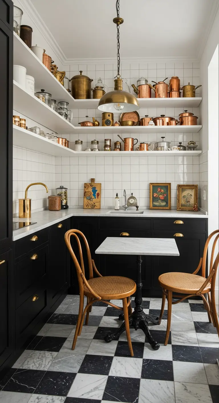 Zwarte keuken met open witte planken, koperen pannen en zwart-wit geblokte vloer.