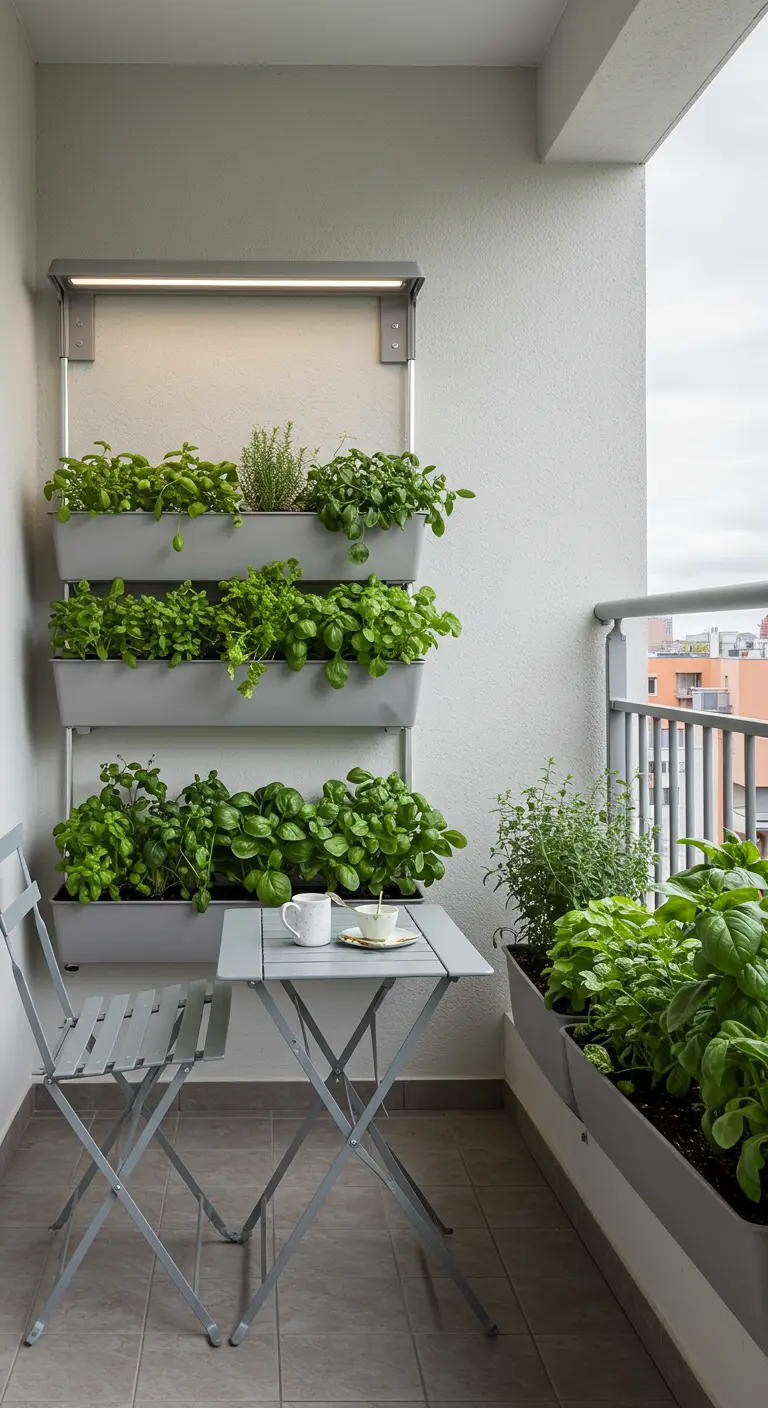 Modern balkon met een verticale kruidentuin, een grijs bistrosetje en extra plantenbakken.
