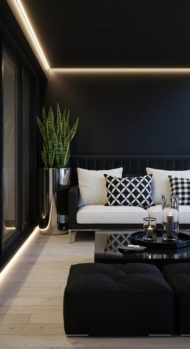 Zwart-witte loungeset met grafische kussens, chromen plantenbak en LED-verlichting.