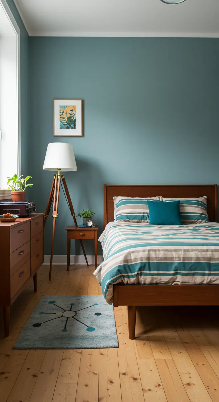 Slaapkamer met zachtgroenblauwe muur, walnoothouten bed, gestreept dekbed en staande lamp.