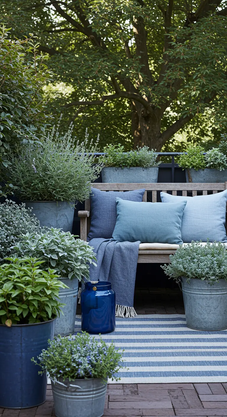 Houten tuinbank met blauwe kussens, omringd door zinken potten met Blauw Schapengras en andere grijsbladige planten.