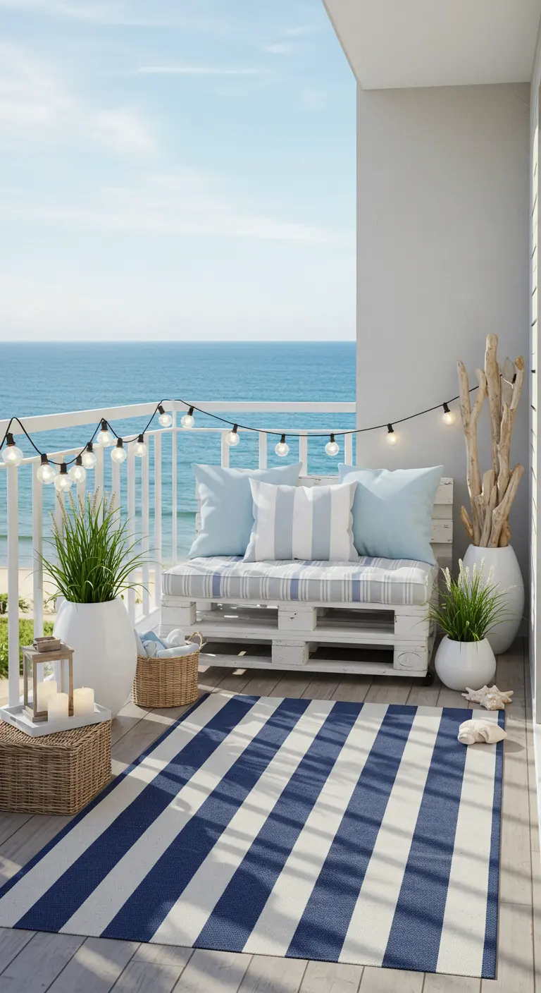 Zonnig balkon met wit geschilderde palletbank, blauw-wit gestreepte kussens en maritieme decoratie.