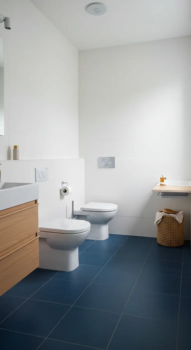 Badkamer met diepblauwe vloertegels, witte wanden en een houten wastafelmeubel.