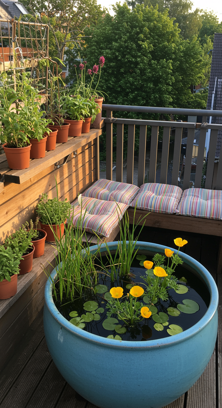 Grote blauwe keramische pot als minivijver met gele bloemen op een houten balkon.
