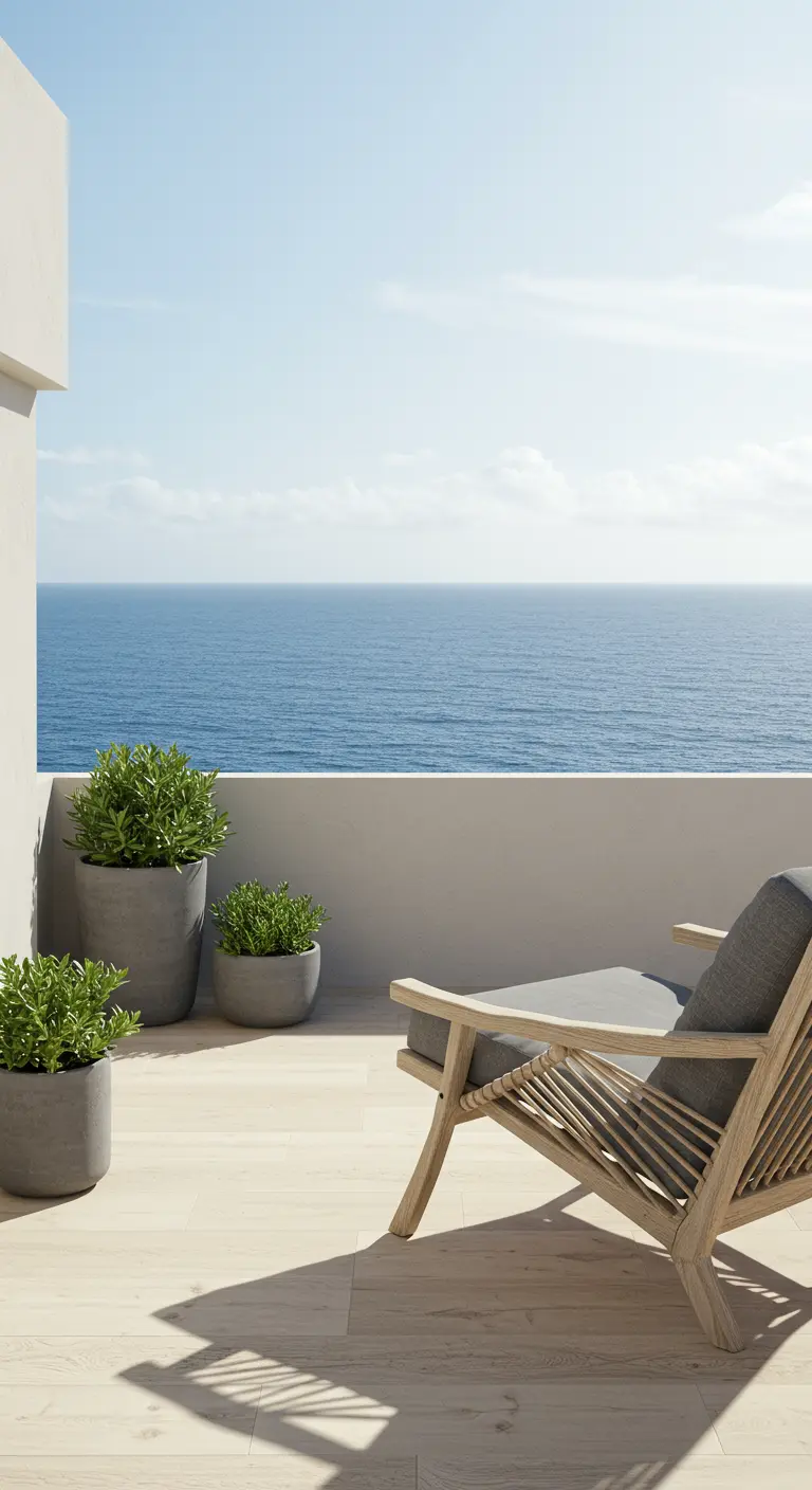 Houten lounge stoel met grijs kussen op een balkon met uitzicht op de oceaan, aangevuld met potplanten.
