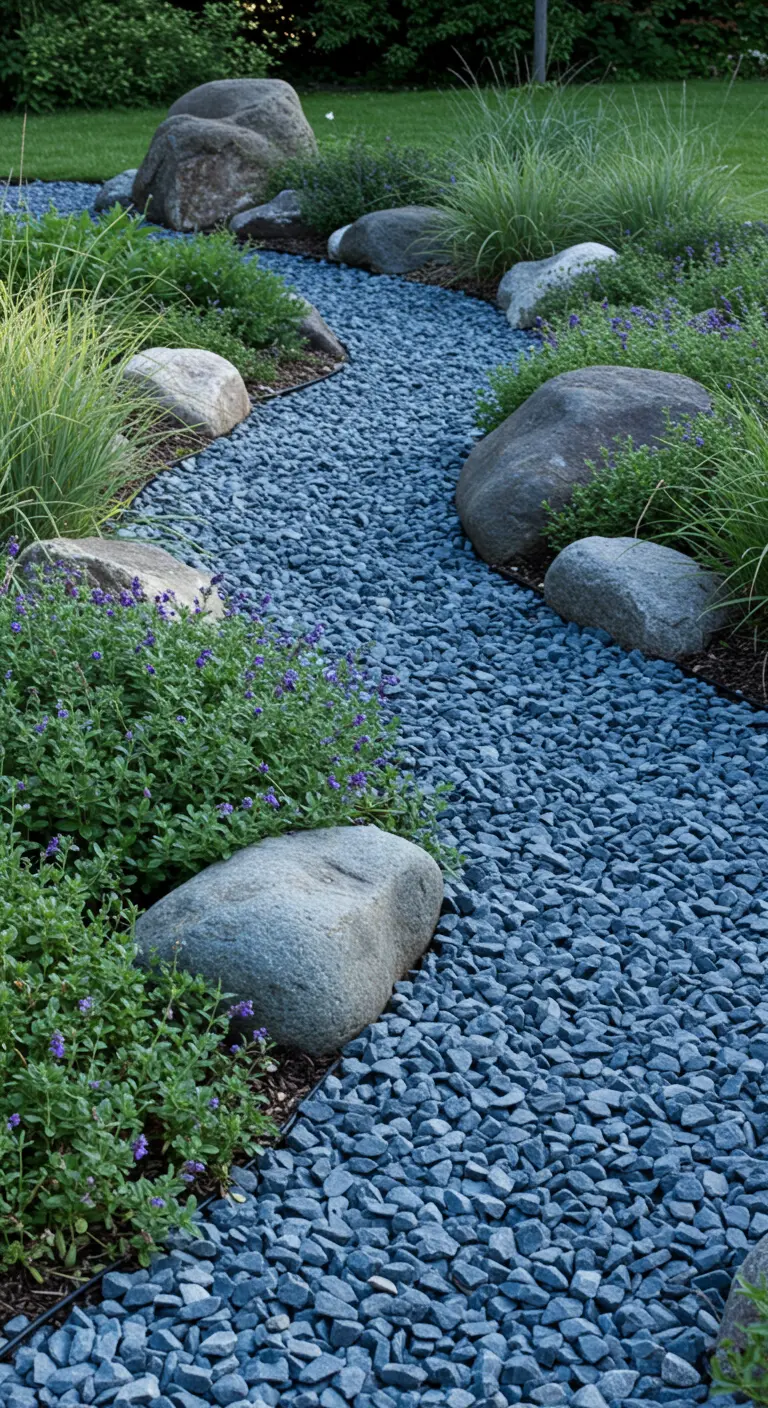 Pad van blauwgrijs grind met grote ronde keien en paarsbloemige planten.
