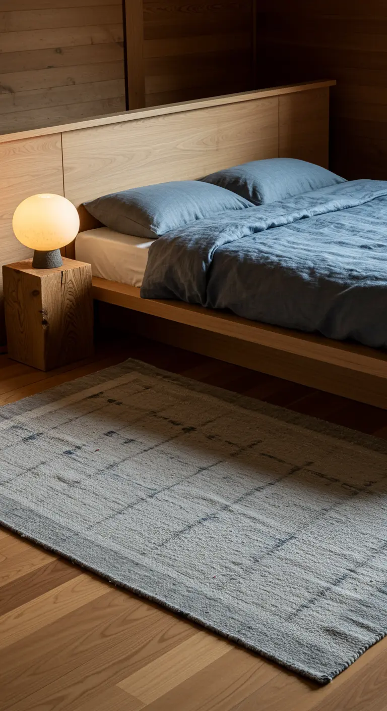 Slaapkamer met laag houten bed, blauw linnen beddengoed en een grijsblauw vloerkleed.