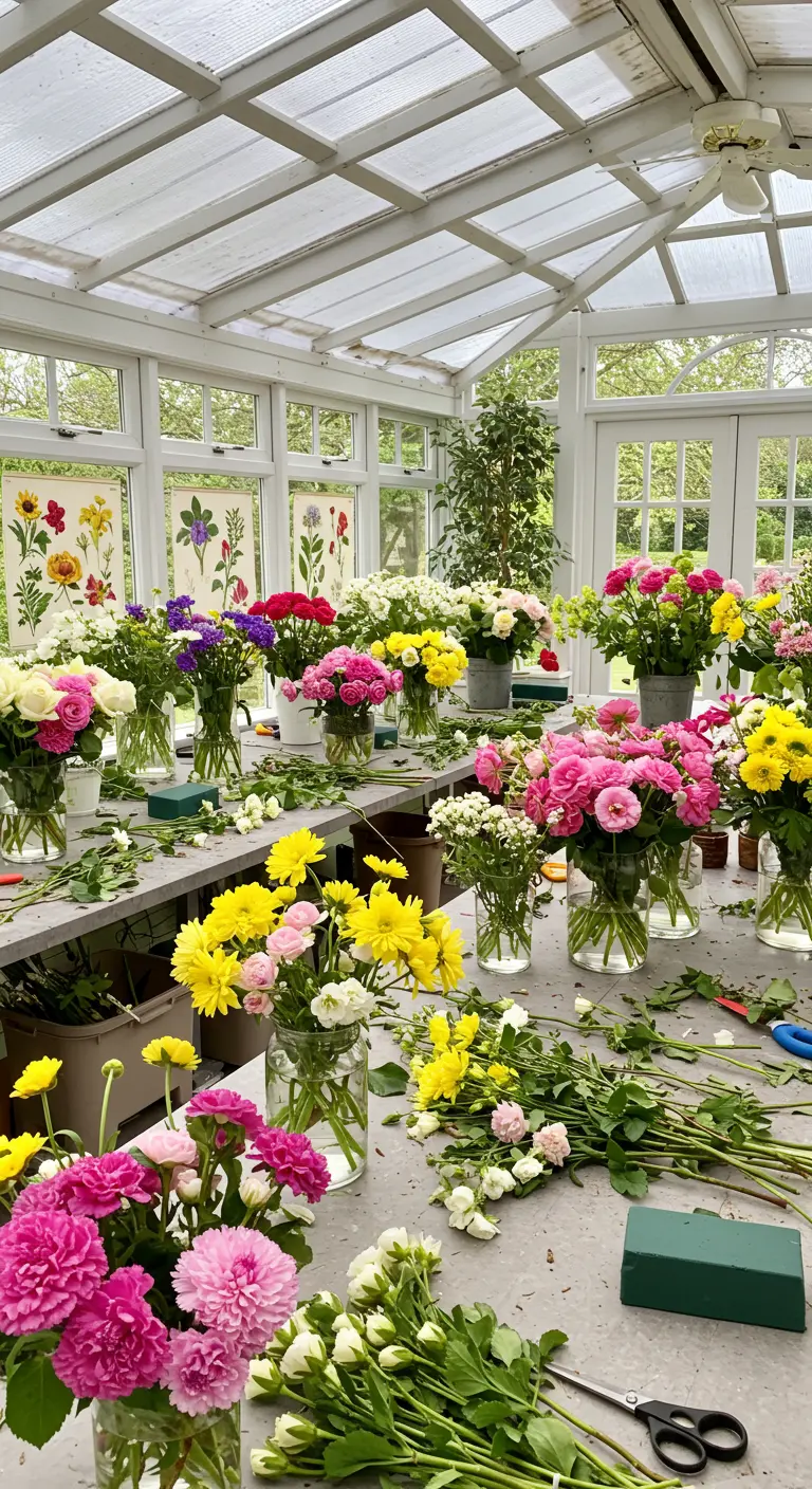 Lichte serre of ruimte vol met tafels bedekt met verse bloemen, klaar voor een bloemschikworkshop.