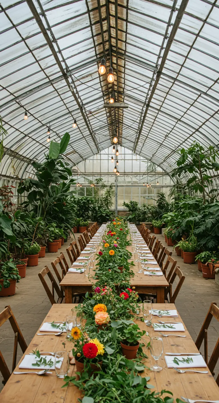 Lange houten tafel in kas met gekleurde planten als tafelloper.