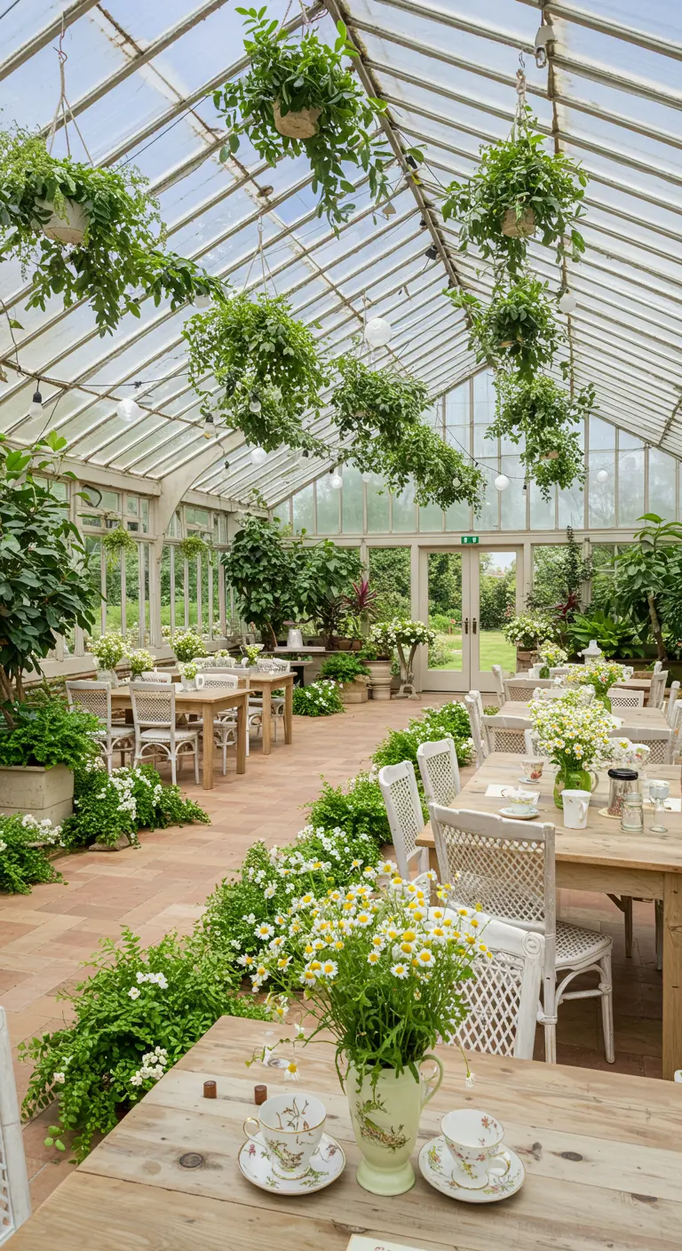 Serre vol planten en bloemen, met houten tafels en witte vintage stoelen.