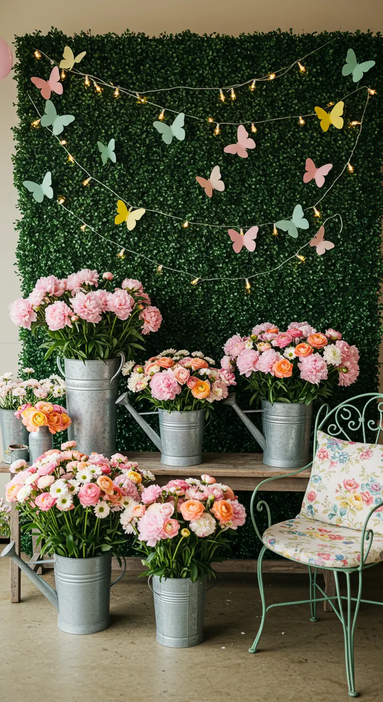 Verjaardagsdecoratie met groene wand, bloemen in gieters, papieren vlinders en lichtjes.
