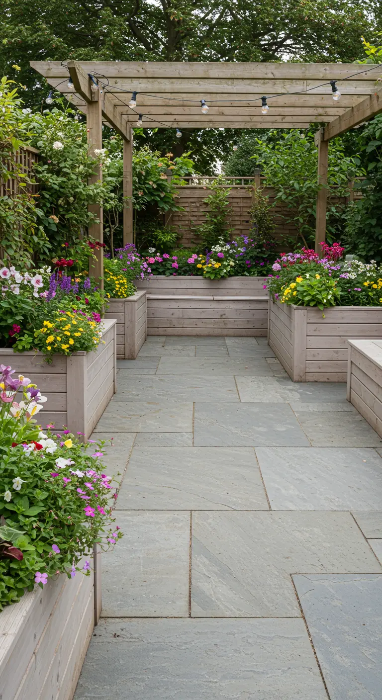 Tuinpatio met stenen tegels, houten pergola, bloembakken met bankjes en bloemen.