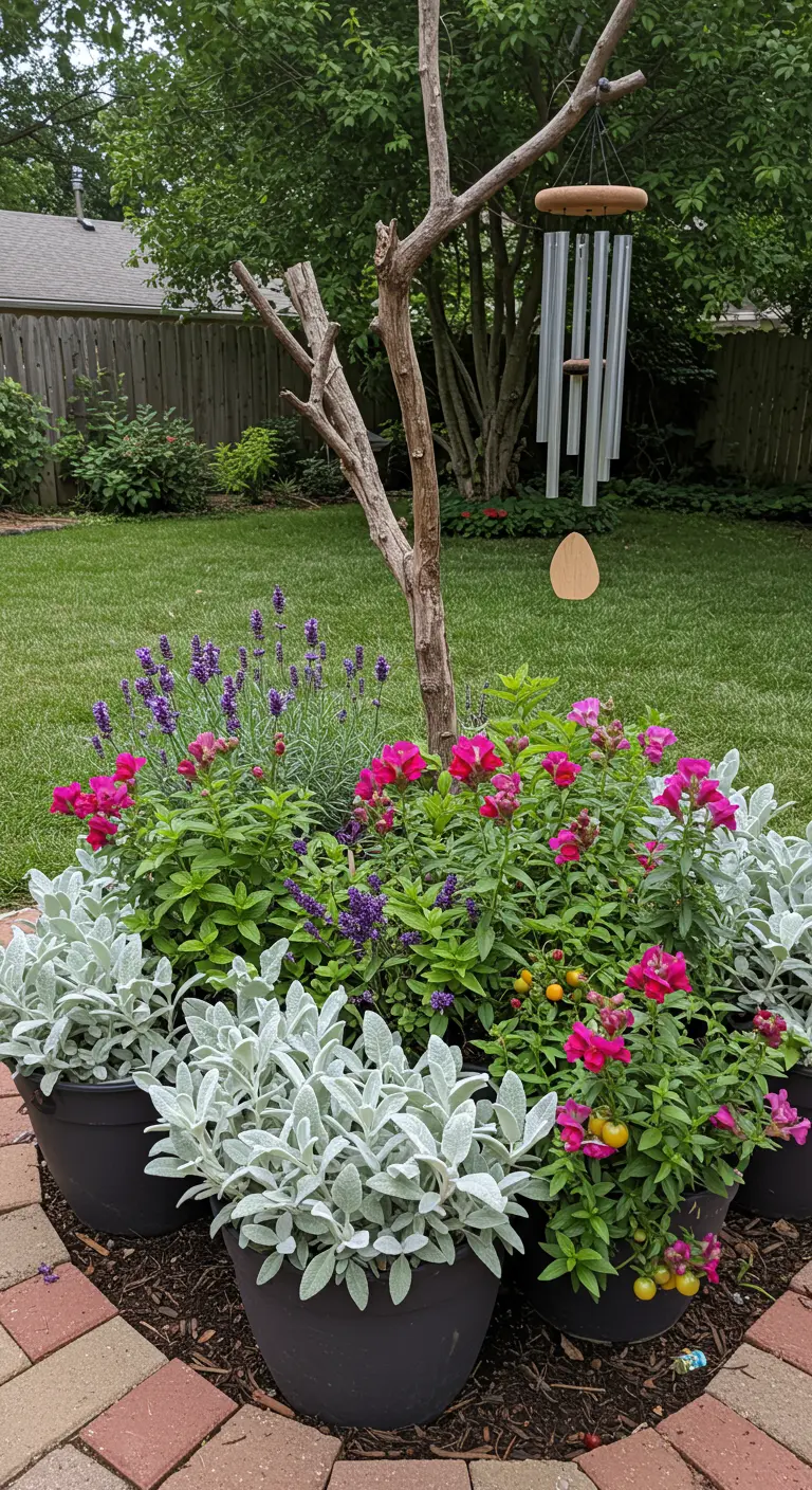 Rond bloembed met ezelsoor, lavendel, leeuwenbekjes en cherrytomaatjes rond een tak.