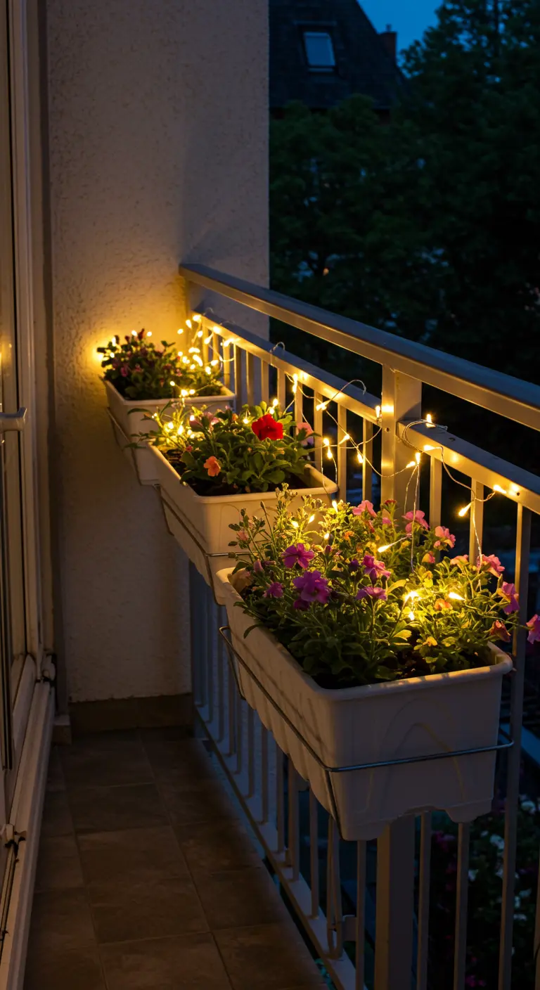 Balkonbakken vol bloemen 's avonds, verlicht met een fijne kerstlichtjesslinger.