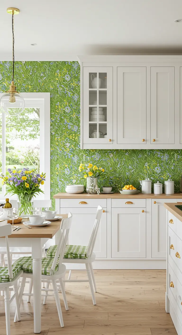 Witte keuken met groen bloemenbehang als achterwand en houten werkblad.