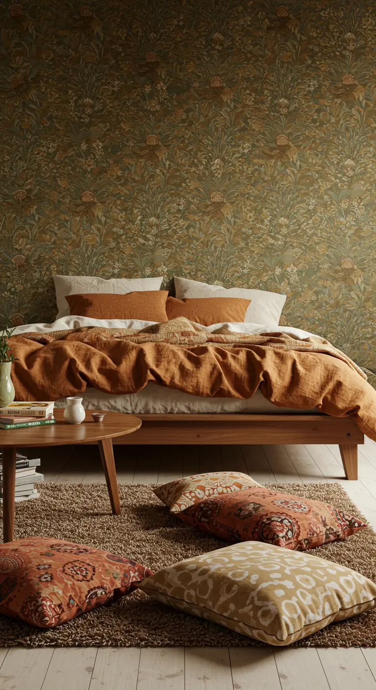 Slaapkamer met bloemenbehang in aardetinten, walnoothouten bed en linnen beddengoed.