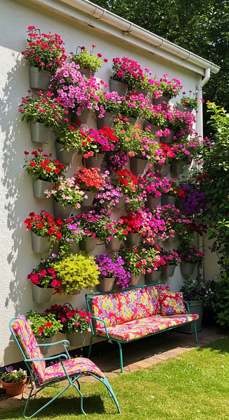 Witte buitenmuur volledig bedekt met rijen kleurrijke bloempotten vol bloeiende planten.