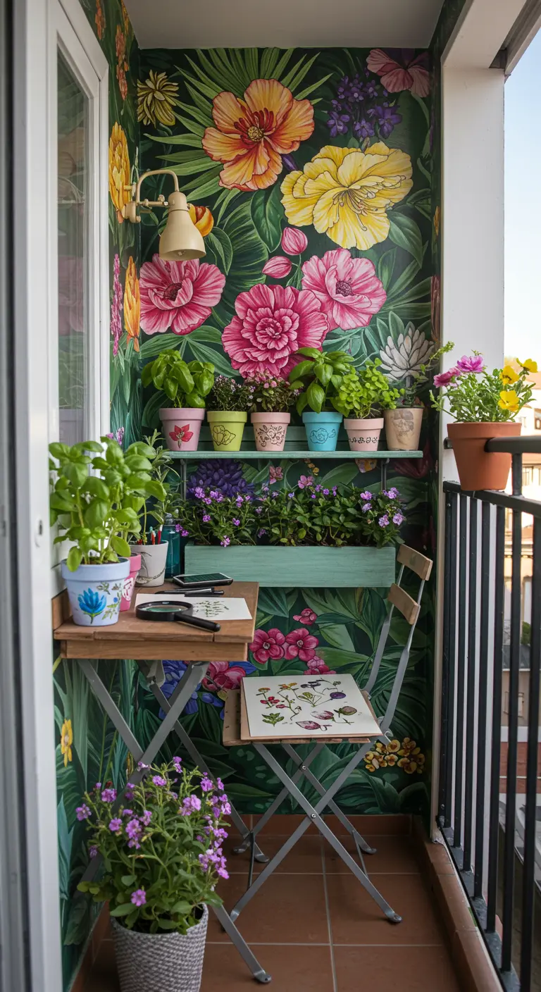 Klein balkon met opvallend bloemenbehang, compacte werkplek en diverse potplanten.