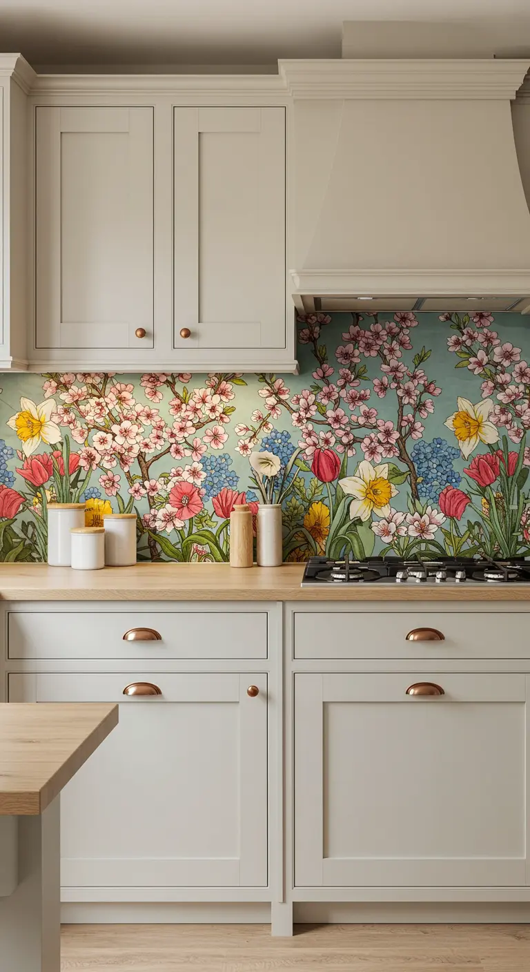 Crèmekleurige keukenkasten met een achterwand van kleurrijk bloemenbehang.