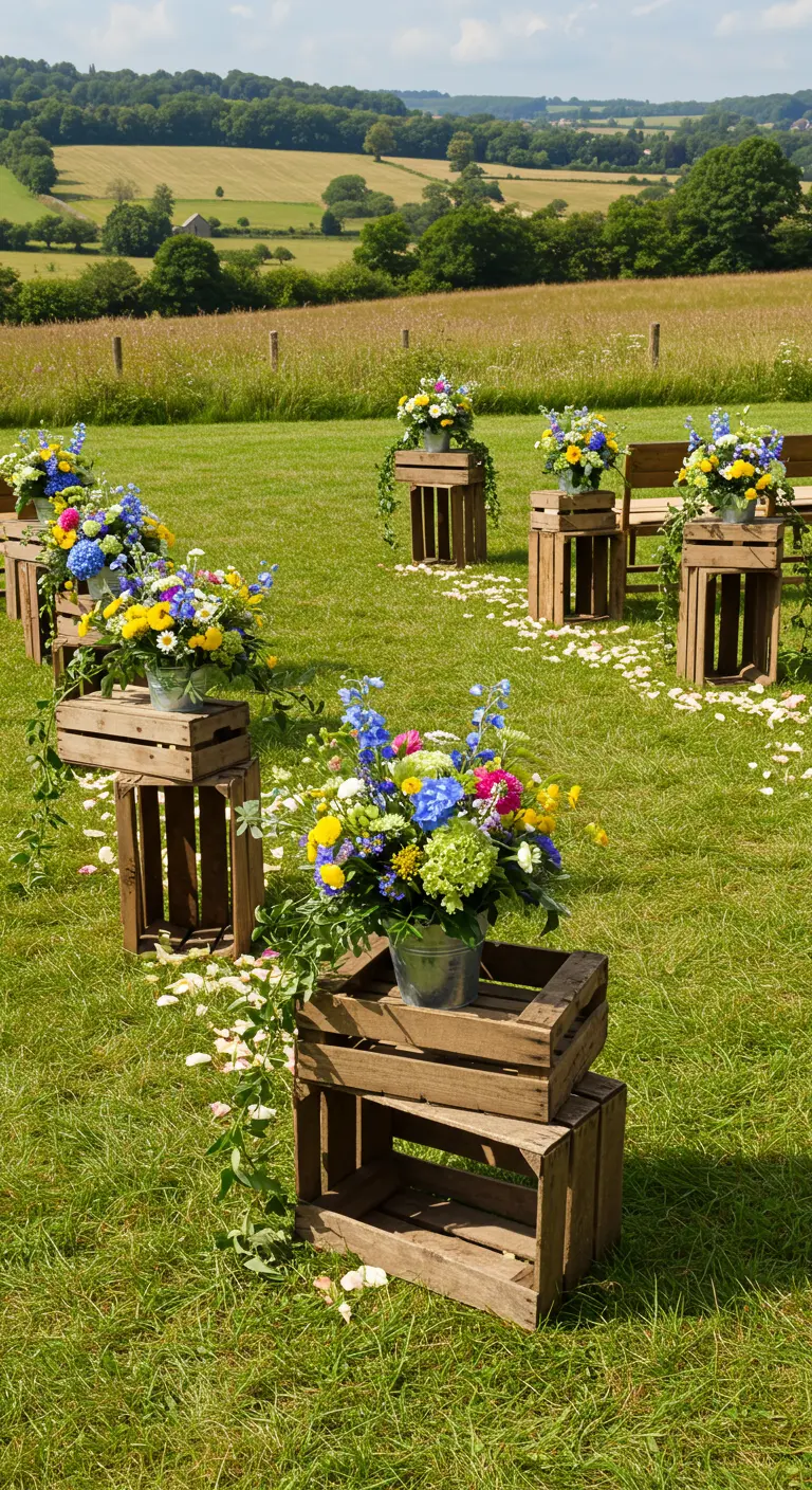Houten kistjes met kleurrijke bloemstukken langs een graspad voor een buitenbruiloft.
