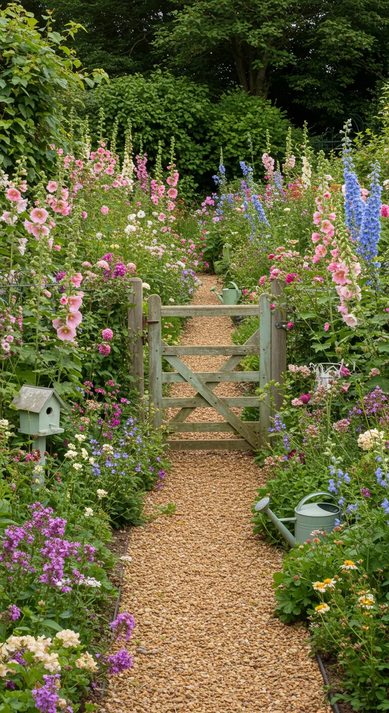 Rustieke houten tuinpoort, grindpad, hoge bloemen in pastelkleuren.