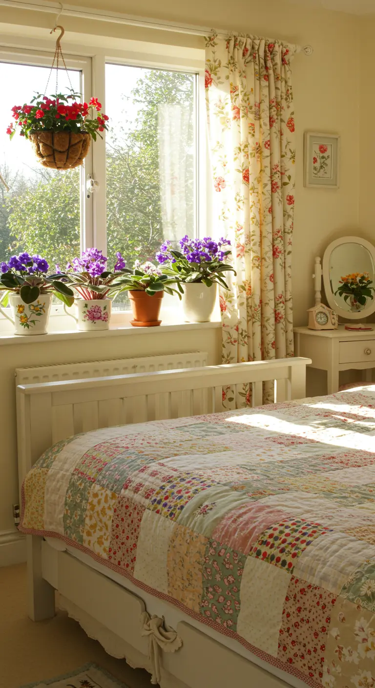 Lichte slaapkamer in cottage-stijl met bloeiende planten in de vensterbank en een hangmand.
