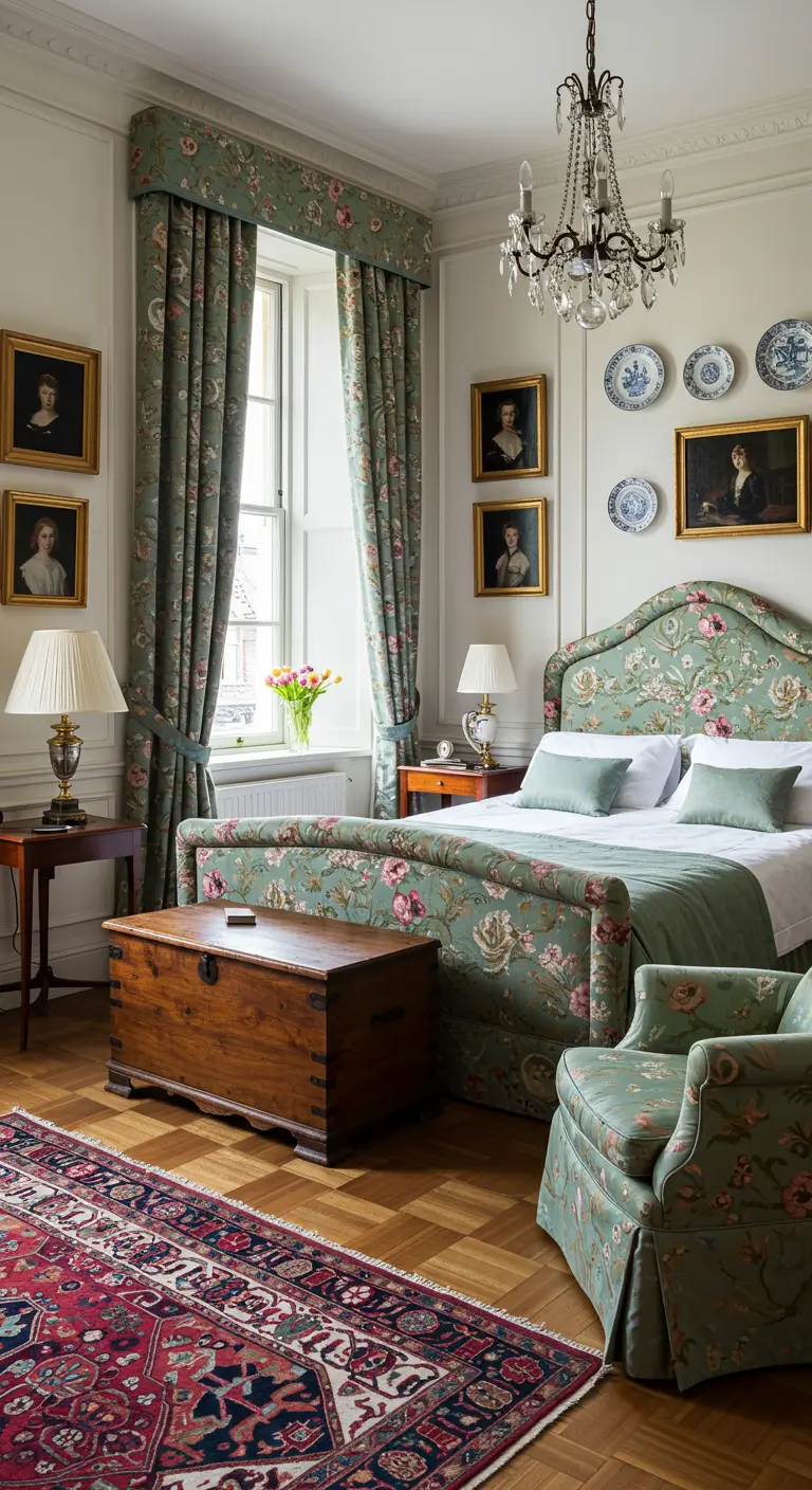 Klassieke slaapkamer met bloemenprint textiel, antieke kist, Perzisch tapijt en kroonluchter.