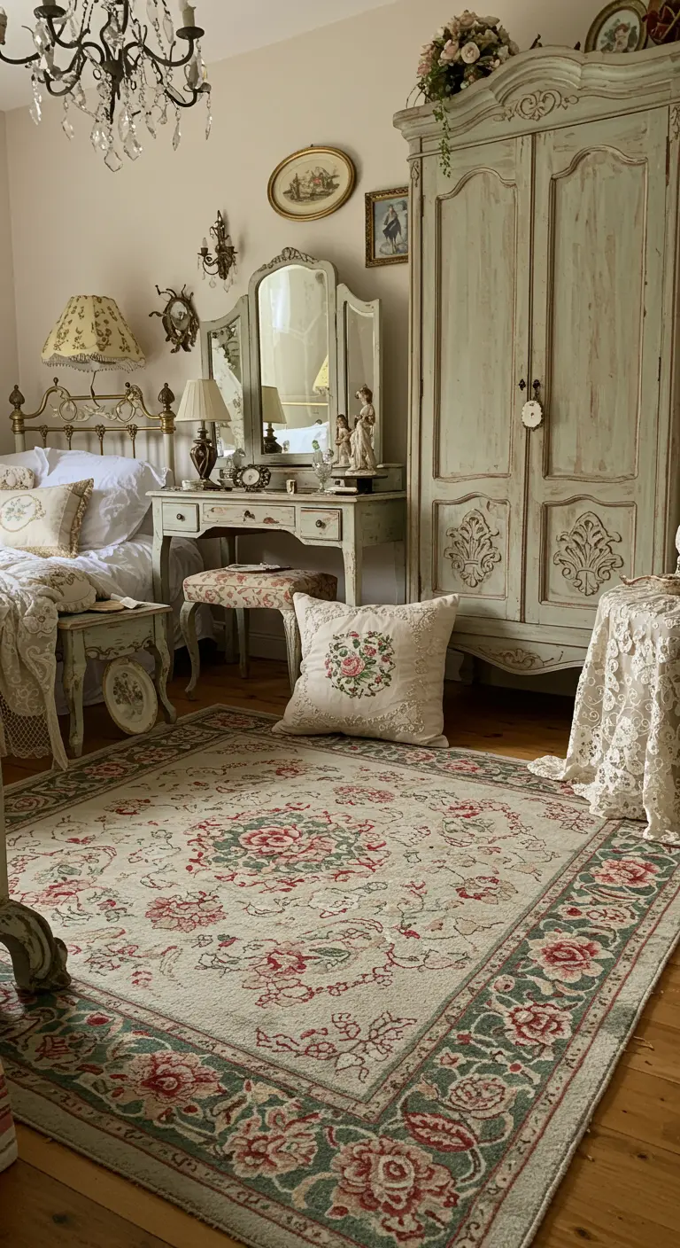 Romantische slaapkamer met vintage meubels en een tapijt met bloemenpatroon.