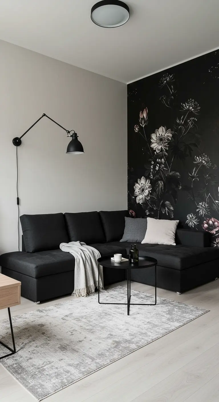 Woonkamer met donker bloemenbehang accentmuur, zwarte bank en licht grijs vloerkleed.