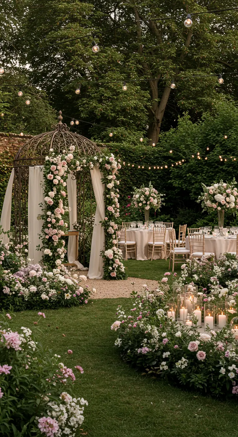 Romantische tuinbruiloft met metalen prieel, roze en witte bloemen, ronde tafels en sfeerverlichting.