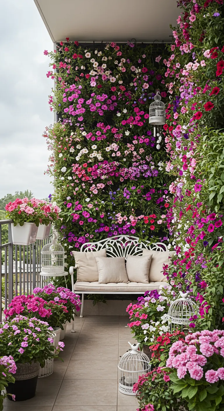 Balkon met een weelderige bloemenwand in roze en paars, een witte bank en decoratieve vogelkooien.