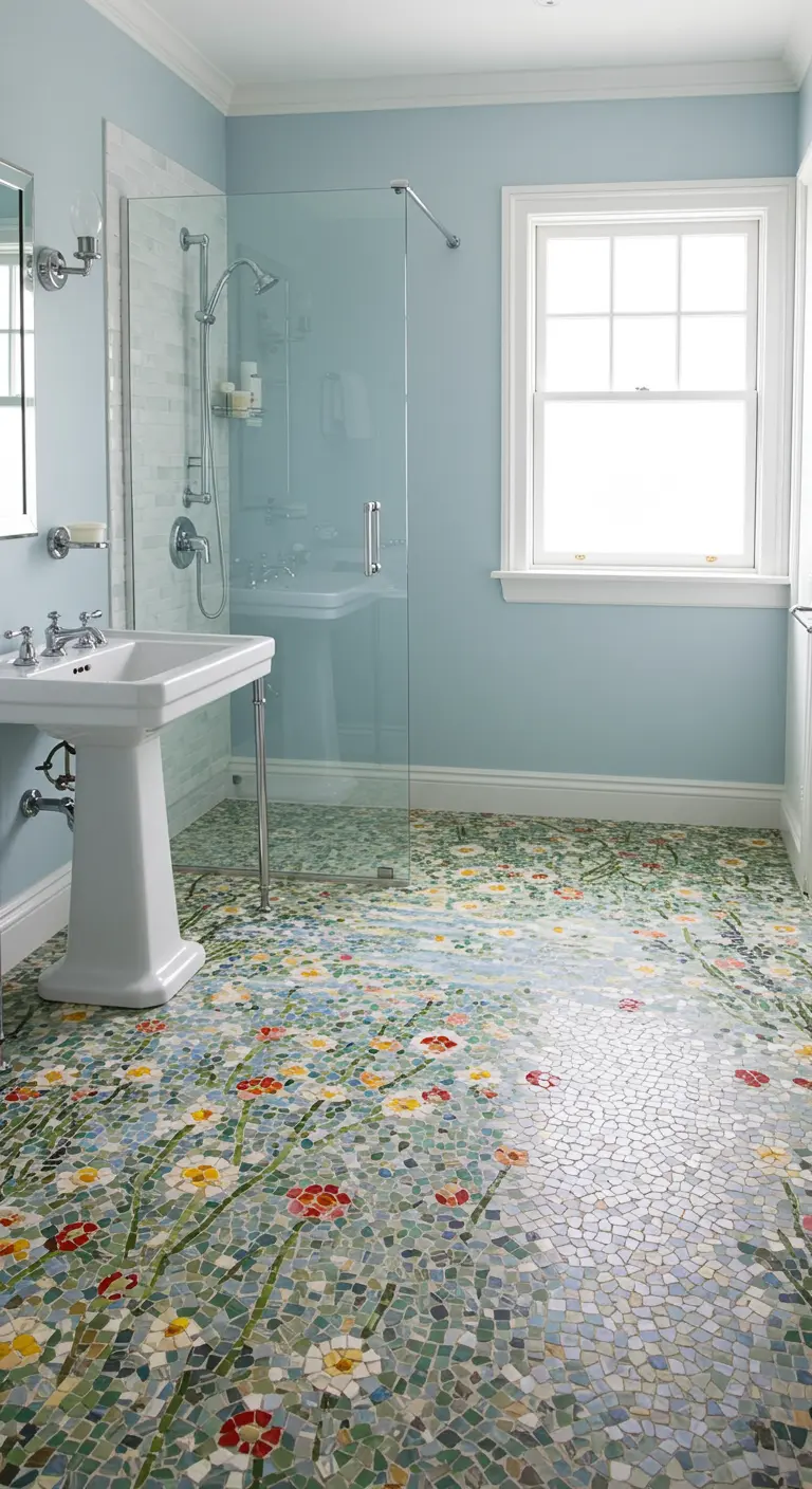 Lichtblauwe badkamer met een mozaïekvloer die een veld vol kleurrijke wilde bloemen voorstelt.