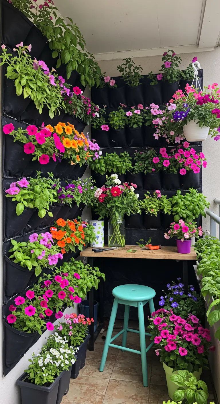Balkon met verticale bloemenwand van stoffen plantzakken vol kleurrijke bloemen en een krukje.