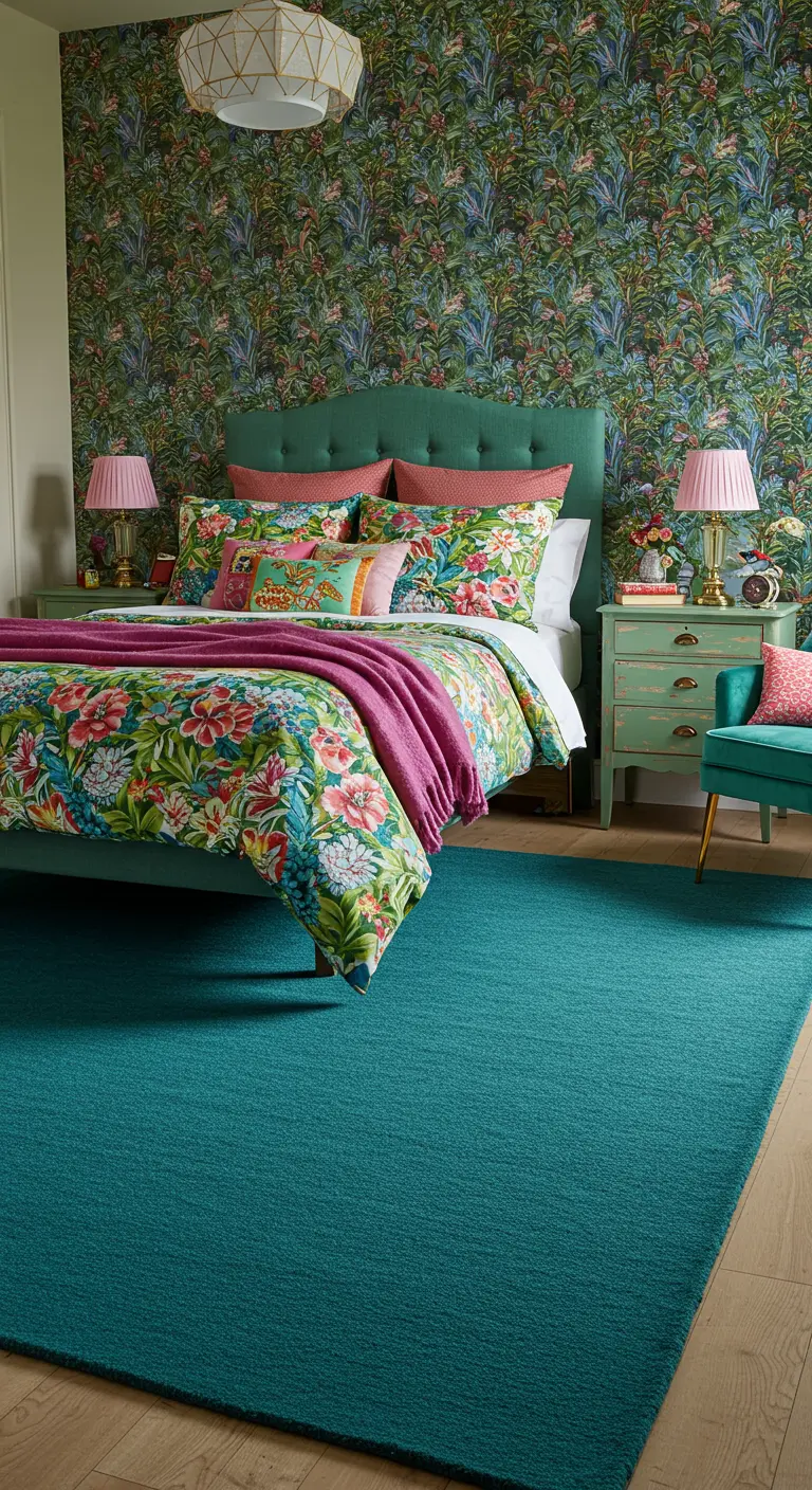 Kleurrijke slaapkamer met bloemenbehang en een effen blauwgroen vloerkleed.