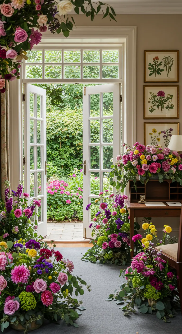 Deuropening naar tuin, omlijst met een overvloed aan kleurrijke bloemstukken.