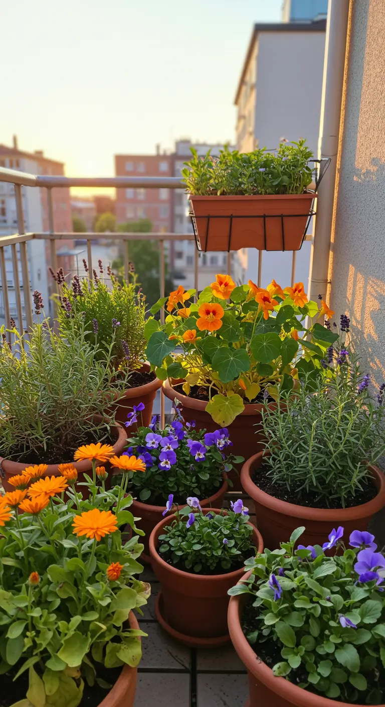Balkon met terracotta potten vol kruiden zoals lavendel en eetbare bloemen zoals goudsbloemen en violen.
