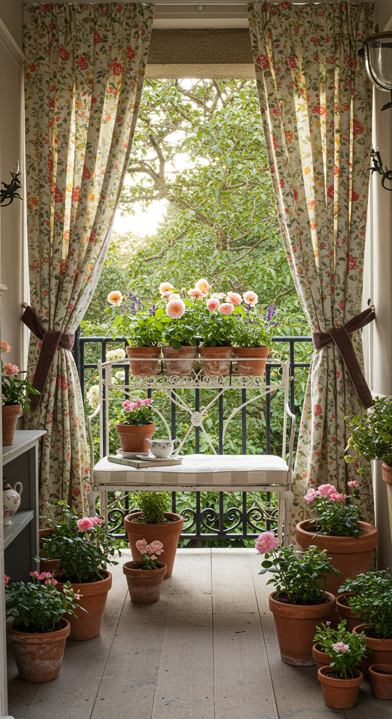 Romantisch balkon met gebloemde gordijnen, een wit smeedijzeren bankje en veel roze bloemen.